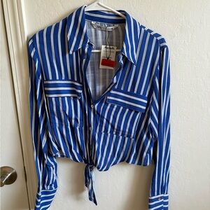 Zara Blue and White Striped Tie-Front Shirt